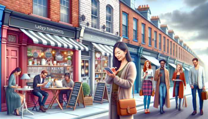 UK high street scene: small business owners in a London cafe and boutique shop, using smartphones and laptops for social media marketing under a cloudy sky.