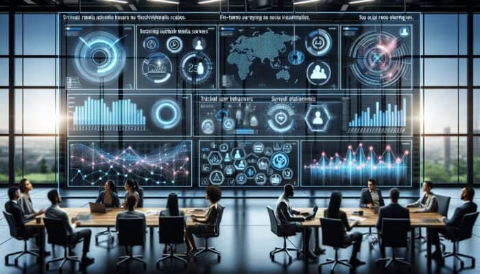 A digital dashboard in a modern office shows Google Analytics graphs tracking social media interactions and user behaviour, with survey and testimonial icons, as diverse professionals analyze data.