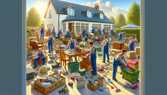 Workers in a sunny Cardiff home sorting items for donation, packing boxes, deep cleaning floors, disassembling furniture, and recycling waste.