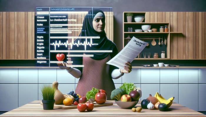 What to Eat the Night Before a Cholesterol Test: A diverse person in a modern UK kitchen prepares a fresh low-fat meal with fruits, vegetables, and grains, holding an NHS cholesterol pamphlet.