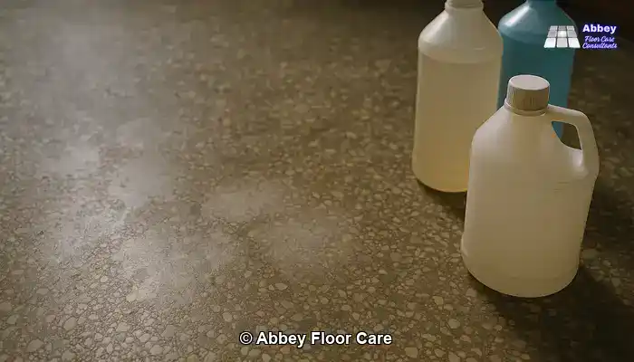 Terrazzo surface showing etched and cloudy patches beside generic cleaning bottles.