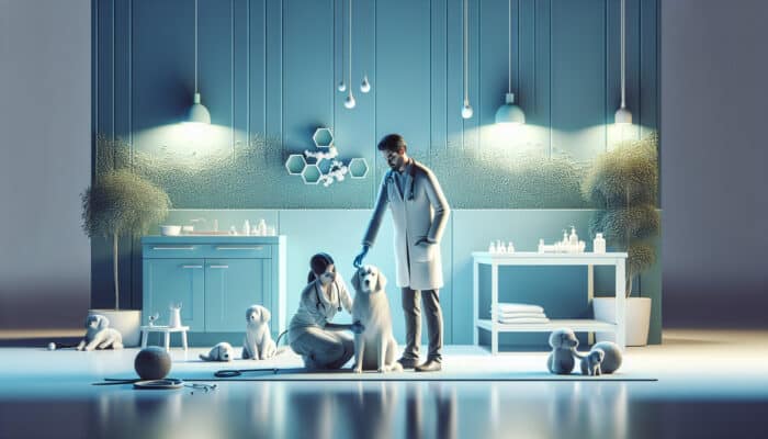 A vet in a white coat examines a tired dog while the owner discusses notes in a calm clinic with blue walls, toys, and plants.