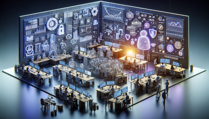 Developers in Crewkerne innovating with AI chatbots, personalised interfaces, PWAs, and cybersecurity shields in a vibrant digital workspace.