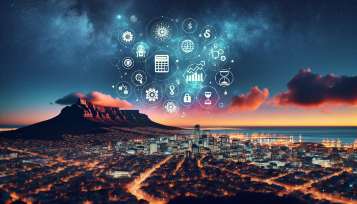 Cape Town cityscape at dusk, featuring Table Mountain and symbols of affordability such as graphs, charts, and maps under a starry sky.