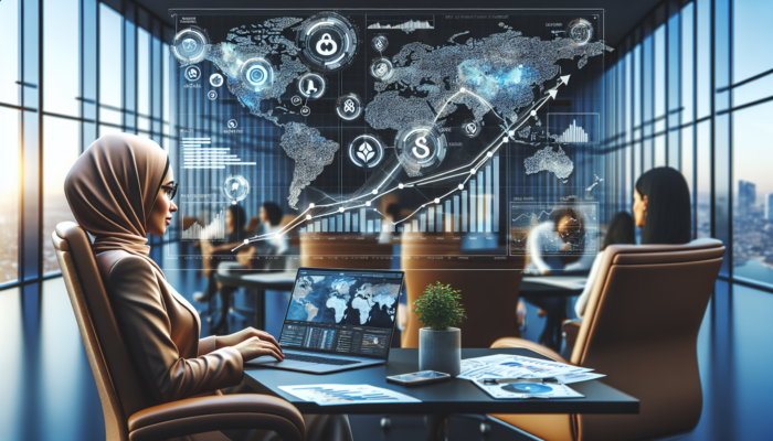 A determined entrepreneur at a modern desk views a laptop with e-commerce icons, rising sales graphs, global maps, and social media integrations, symbolising business growth.