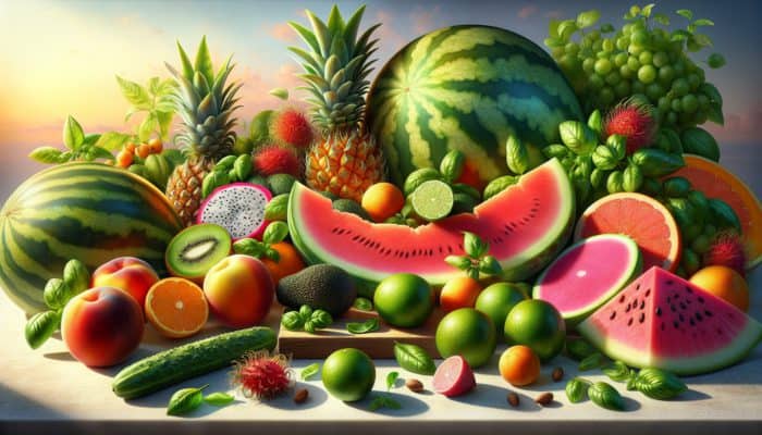 Vibrant still life of fresh summer produce: watermelons, peaches, cucumbers, basil, rambutan, dragon fruit, avocados, limes, and coriander, artfully arranged.