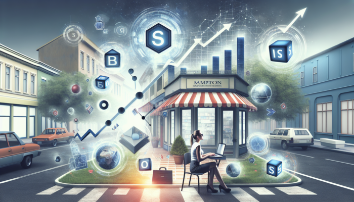 A small business owner in a vibrant Bampton street scene optimizes their website with floating SEO keywords and rising graphs.