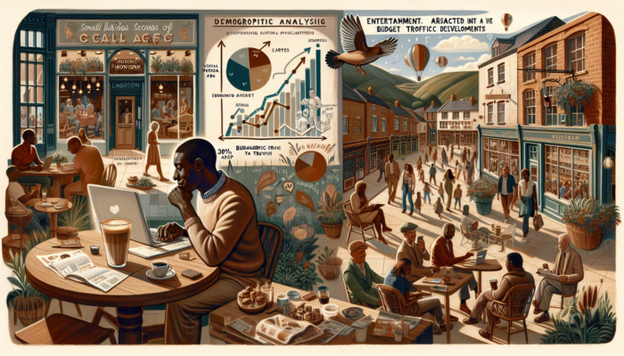 Honiton business owner analyzes demographics on laptop with ad sketches, budget charts, and 30% café growth symbols.