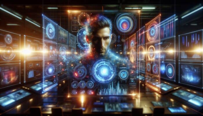 Focused analyst in a high-tech command centre, surrounded by screens showing vibrant graphs of audience growth and content metrics.