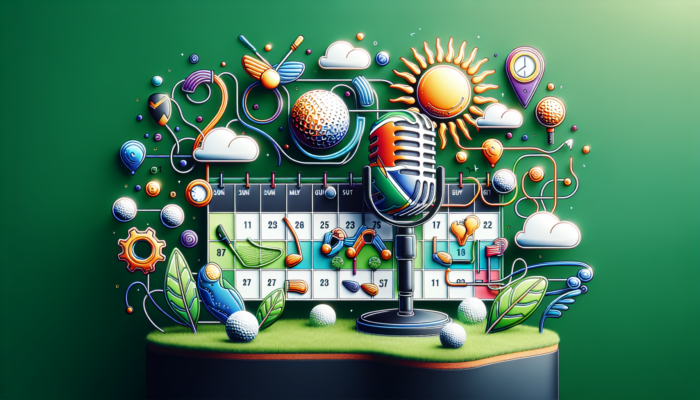 A dynamic content calendar for a South African golf podcast, featuring tournament icons, seasonal tips, golf clubs, and a microphone set against a green backdrop.