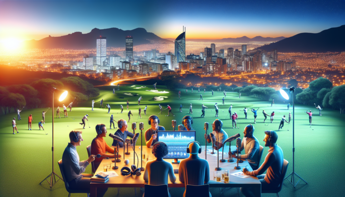 South African podcasters and listeners discuss golf trends in a Durban studio, with screens displaying content in Afrikaans and English, overlooking a green course at dusk.