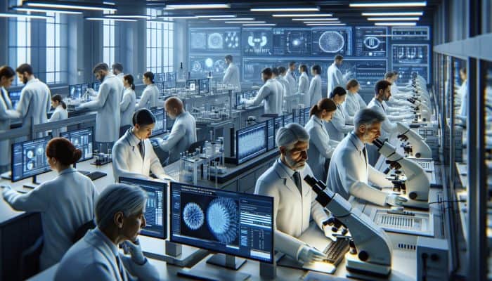 Experts in white coats analyze FBC test results on digital screens in a high-tech Runcorn laboratory, surrounded by microscopes and charts.