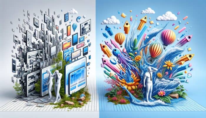 A split scene contrasting chaotic outdated ads with declining graphs and frustrated viewers against optimized sleek designs with rising metrics and growth symbols.