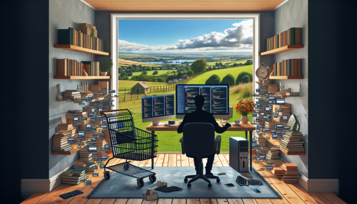 A skilled e-commerce developer in a cozy Coleford office, surrounded by computers displaying online stores, coding interfaces, tech books, and countryside views.