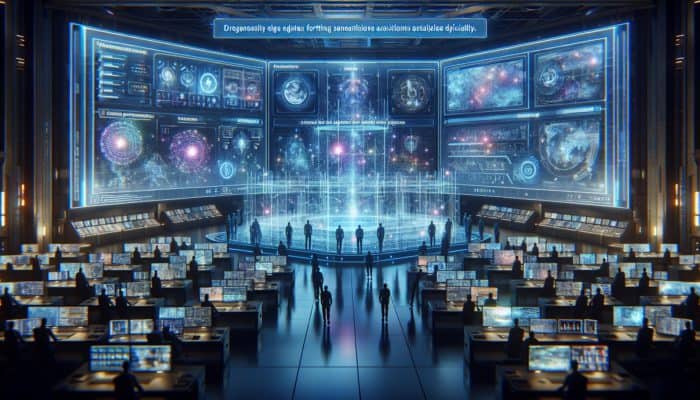 In a futuristic command center, engineers analyze holographic edge protection systems on glowing monitors, with dynamic barriers ensuring operational continuity.
