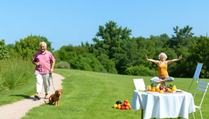 Elderly couple enjoying wellness activities outdoors, with one walking a dog and another practicing yoga, surrounded by fresh fruits and vegetables against a backdrop of lush greenery and blue sky.