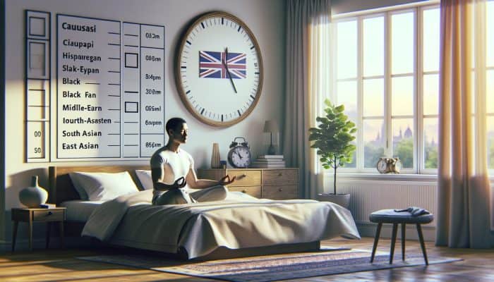 A serene UK patient meditates in a tranquil bedroom, glancing at a wall clock, with a neatly made bed and soft morning light.