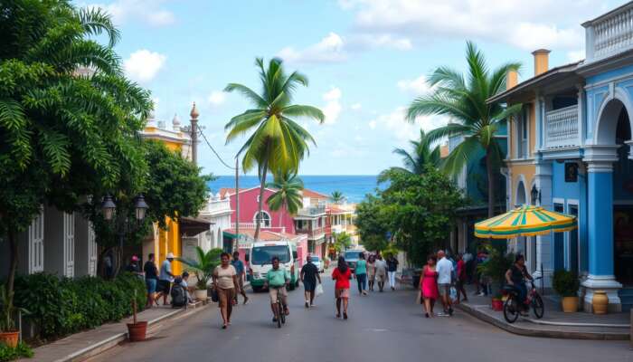 Vibrant street scene in Belize City featuring colorful colonial architecture, tropical greenery, and locals engaging in daily activities with the Caribbean Sea in the background.