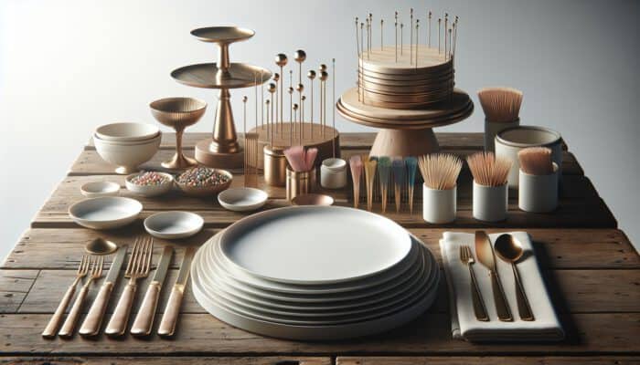 A rustic wooden table displays a white plate, gold tiered stands, and colorful toothpicks in soft natural light.