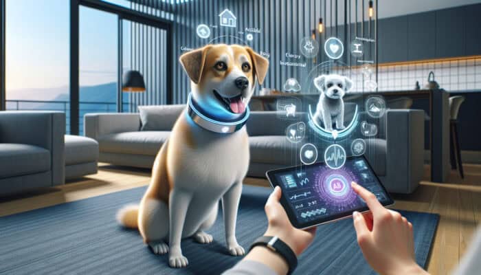 A joyful dog wearing a futuristic AI collar in a modern home, with holographic activity insights displayed on a tablet held by a cheerful owner.