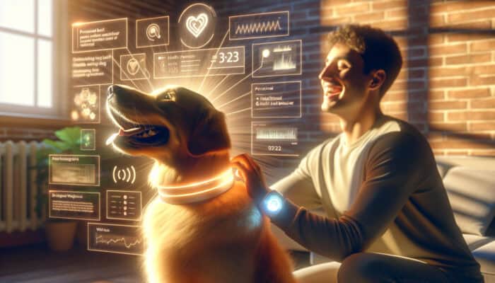 A cheerful golden retriever wearing an AI collar, with an owner smiling and petting it, as a tablet displays health data in a sunlit home.