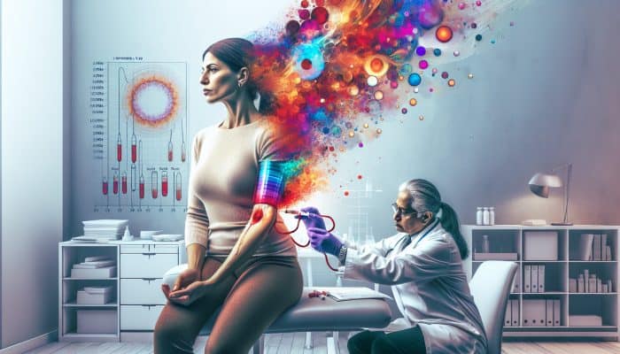 Menopause Blood Test in Luton: In a modern Luton clinic, a doctor draws blood from a determined middle-aged woman, displaying colorful hormone graphs for empowerment.