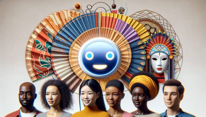 Virtual assistant interface with symbols from Japanese, African, and Native American cultures, engaging users respectfully.
