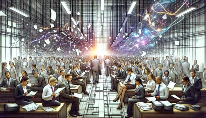 A chaotic financial office with frustrated employees tangled in paperwork and wires, as a sleek AI system streamlines workflows efficiently.