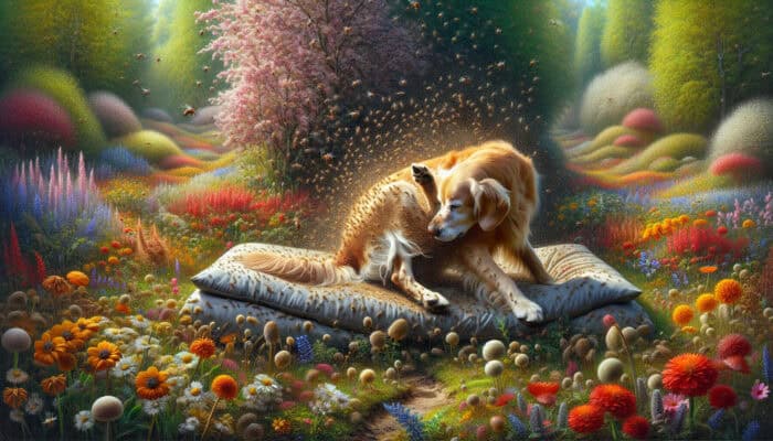 Spring Allergy Management for Pets: A golden retriever scratches its itchy fur in a spring meadow with pollen-laden flowers, grasses, trees, fleas, dust mites, and mold.