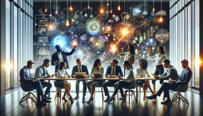 A dynamic team of business professionals brainstorms client acquisition strategies on a glowing digital whiteboard, surrounded by charts and sketches.