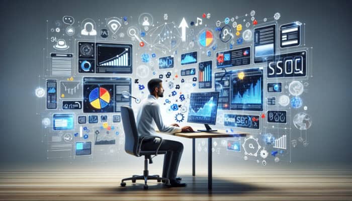 Dedicated SEO expert optimising a landing page across multiple screens, surrounded by floating keywords, analytics graphs, search icons, and upward arrows.