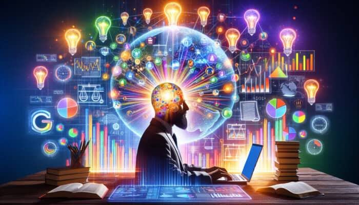 Digital workspace with an SEO expert analysing metrics graphs, user feedback, glowing world map, balanced scales, books, and light bulbs.