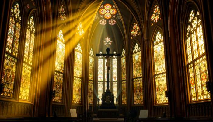 Gothic cathedral interior with towering crucifix at altar, golden light through stained glass, and intricate symbolic arches.
