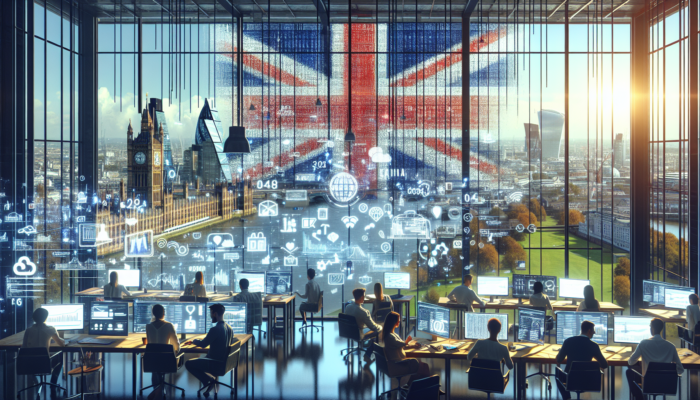Bustling London office overlooking Thames: marketers analyzing e-commerce data screens with ads, social media, and Union Jack motifs.