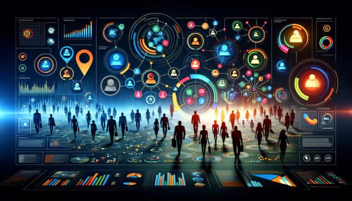 A futuristic marketing dashboard displays colorful icons of people grouped by demographics, behaviors, and interests.