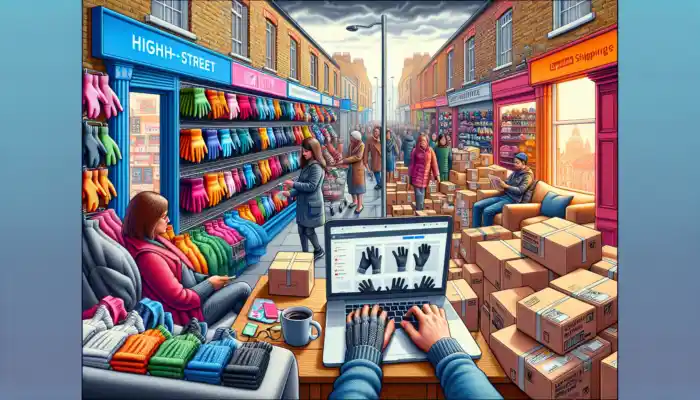 A vibrant Luton store displays colourful gloves with shoppers trying sizes, contrasted by a home scene of online browsing and delivery boxes.