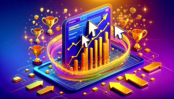 Vibrant digital banner with clicking cursors transforming into rising graphs and golden trophies, illustrating CTR's advertising success impact.