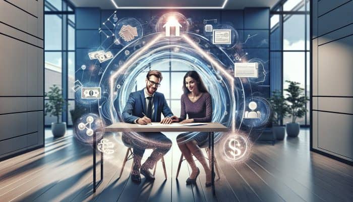 Diverse couple in a modern UK bank office signing remortgage papers, with debt symbols merging into a glowing loan document.