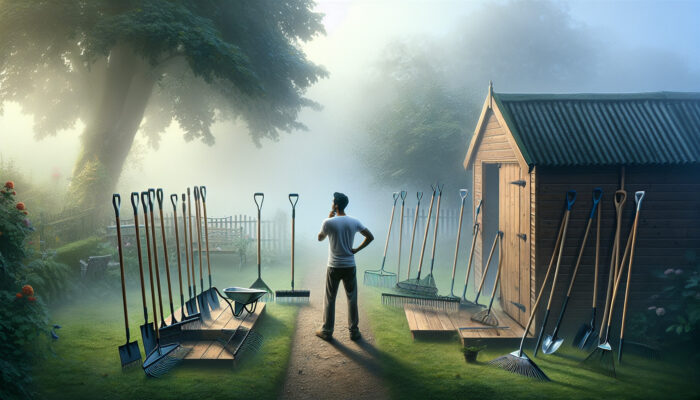 A thoughtful gardener in a misty British garden examines steel and plastic shed-clearing tools, considering size, clutter, and budget.