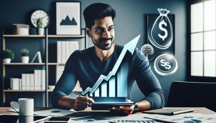 Consolidating Debt After an IVA Finishes: Key Strategies | DCL Confident individual in a modern home office reviews an upward-trending credit score on a tablet, surrounded by broken chains and green dollar signs symbolizing financial freedom.