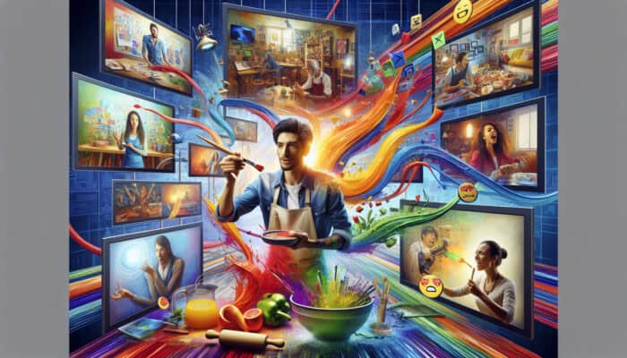 Instagram creator in a colorful studio, surrounded by screens showing varied Reels: cooking tutorial, behind-the-scenes film set, and personal anecdote with emoji reactions.