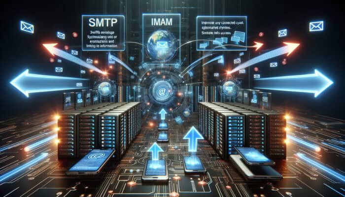 Futuristic data hub with glowing servers, SMTP arrows launching email envelopes across cyberspace, and IMAP syncing inboxes on smartphones and laptops.