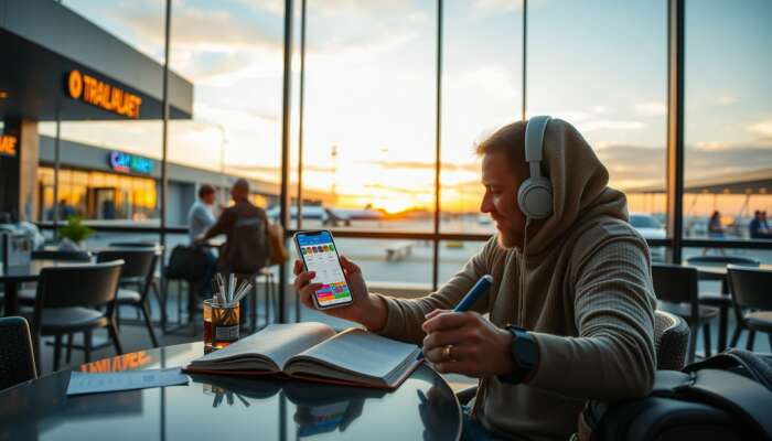 A traveler at an airport café checks a smartphone app with colorful expense categories, while writing in a notebook, surrounded by travel items under a sunset sky.