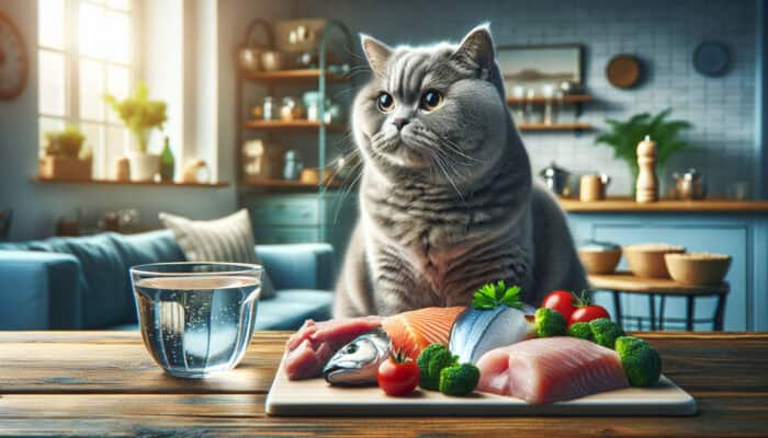 British Shorthair Diet Recommendations: A grey British Shorthair cat with round face, surrounded by fresh fish, lean meat, veggies, and a water bowl in a sunlit kitchen.