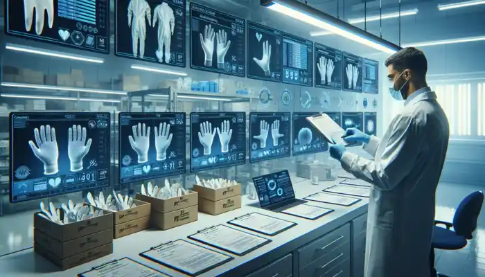 Quality assurance expert assessing latex gauntlet glove samples in a sterile lab, surrounded by checklists, packaging, and tablets under bright lights.