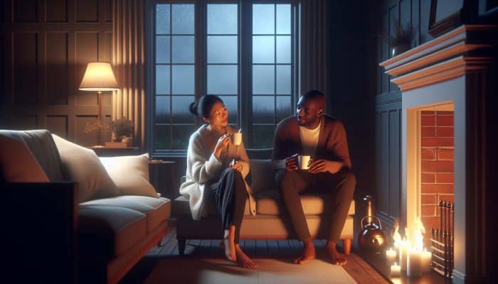Talking to Your Partner About Debt Problems: A Guide | DCL A couple discusses debt calmly in a cozy UK living room by a fireplace, sipping tea as rain falls outside.