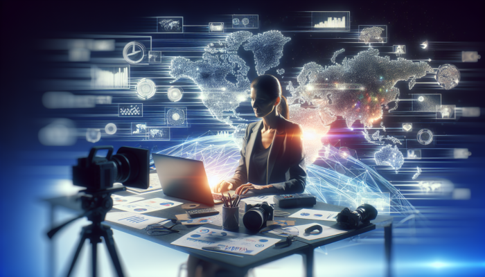 A determined business owner in Swindon reviews video engagement charts on a laptop, surrounded by production gear and UK market maps.