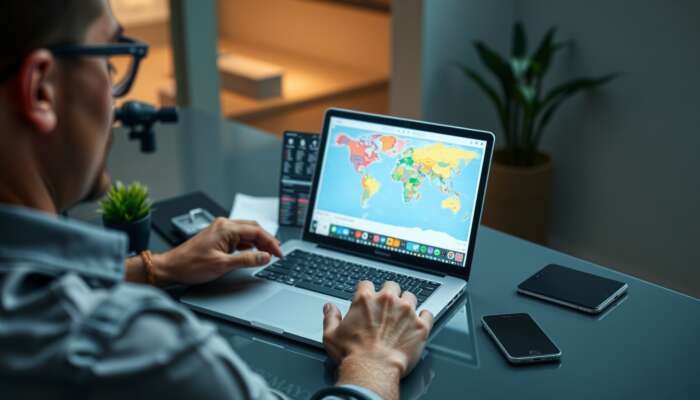 A traveller at a sleek desk organising vacation logistics on a laptop, showing flight bookings, hotel reservations, and a colourful itinerary map.