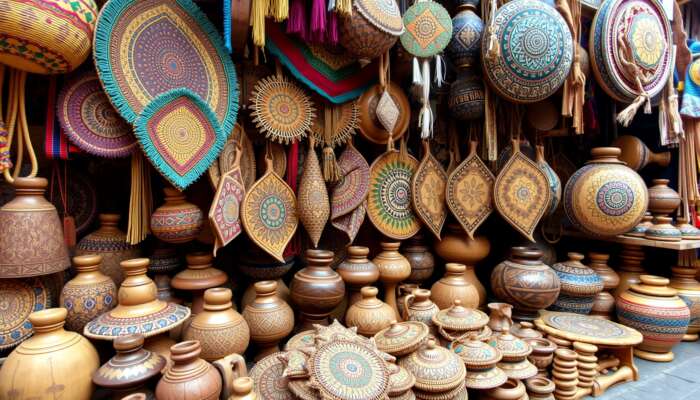 A vibrant market stall in San Miguel de Allende displays artisanal handicrafts with intricate patterns, natural textures, and rich colors.