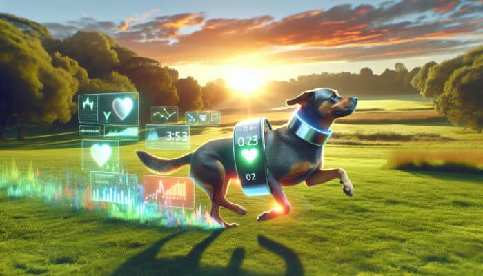A playful dog with a fitness tracker runs through a lush park at sunrise, holographic displays showing steps and heart rate.